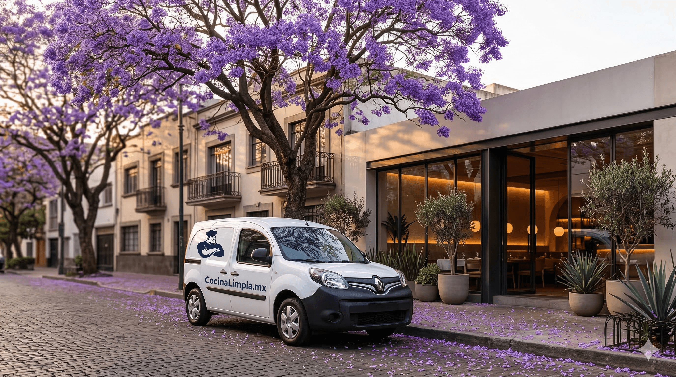 Unidad CocinaLimpia.mx frente a restaurante con jacarandas